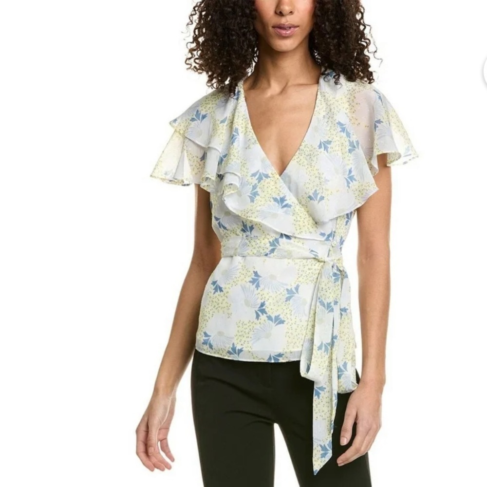 Ted Baker Gemmiaa Wrap Blouse Top With Ruffled Sleeves Size US6(UK2) Blue